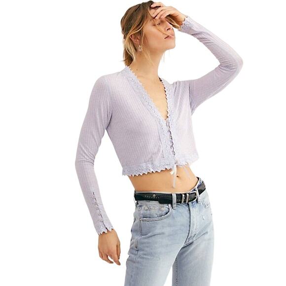 Free People Purple Third Date Ribbed Lace Top - Picture 2 of 12